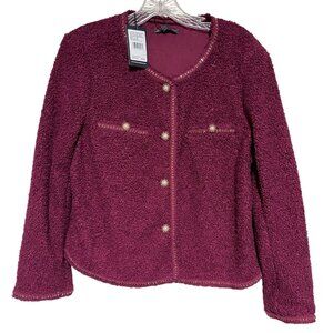 Adrianna Papell Womens Wine Berry Boucle Crew Neck Jacket Gold  Buttons Size M